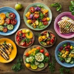 Healthy dinner party recipes arranged on a festive table