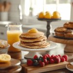 Assorted sweet breakfast items including pancakes, muffins, and fruit.