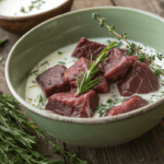 Venison soaking in a bowl of buttermilk with herbs