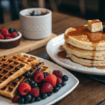A stack of fluffy pancakes and a plate of crispy waffles side by side