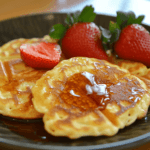 A plate of golden-brown waffles made from pancake mix, served with syrup and fresh strawberries