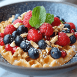 Healthy waffles topped with fresh berries and nuts