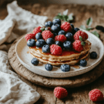 Fluffy pancakes with fresh berries on a plate