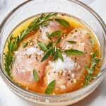 Raw chicken being brined in a glass bowl with salt and herbs