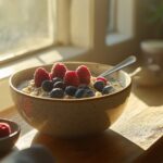 A creamy gluten-free oatmeal bowl with berries for breakfast