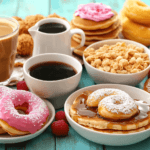 A selection of sugary breakfast foods on a table.