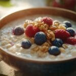 Oatmeal bowl topped with berries and nuts - what are 5 healthy breakfasts?