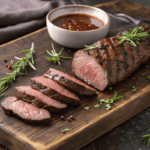 Grilled venison backstrap slices on a wooden board