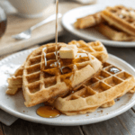 Freshly cooked waffles on a plate with syrup and butter