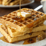 A stack of crispy golden waffles topped with butter and syrup.
