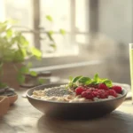 Gluten free healthy breakfast spread with oatmeal, berries, and a green smoothie