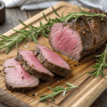 Cooked venison backstrap served on a rustic plate with herbs
