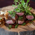 Grilled venison backstrap with herbs on a wooden board