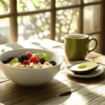 A heart-healthy breakfast of oats, berries, and avocado showing what cardiologists eat for breakfast