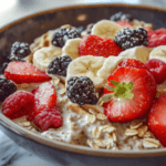 Gluten-free oat waffles topped with fresh fruits