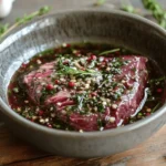 Venison steak marinating in a bowl of herbs and oil what's the best thing to marinate venison in?
