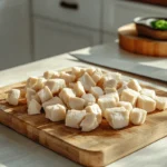 cubed chicken arranged on a cutting board