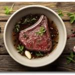 Marinated venison steak resting in a bowl of seasoned marinade