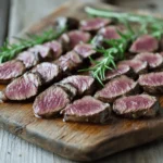 Venison backstrap cooking techniques - sliced seared venison on a wooden board