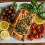 Mediterranean salmon recipe beautifully plated